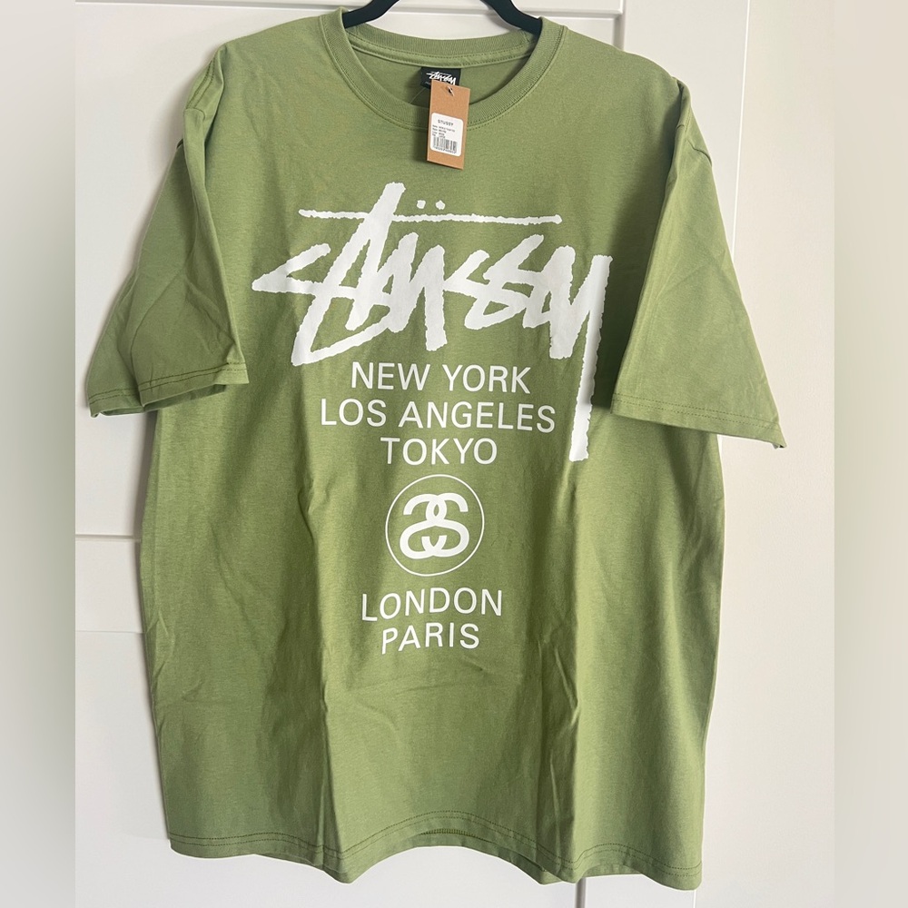 NEW Stussy  World Tour Tshirt Sz. L Moss Green